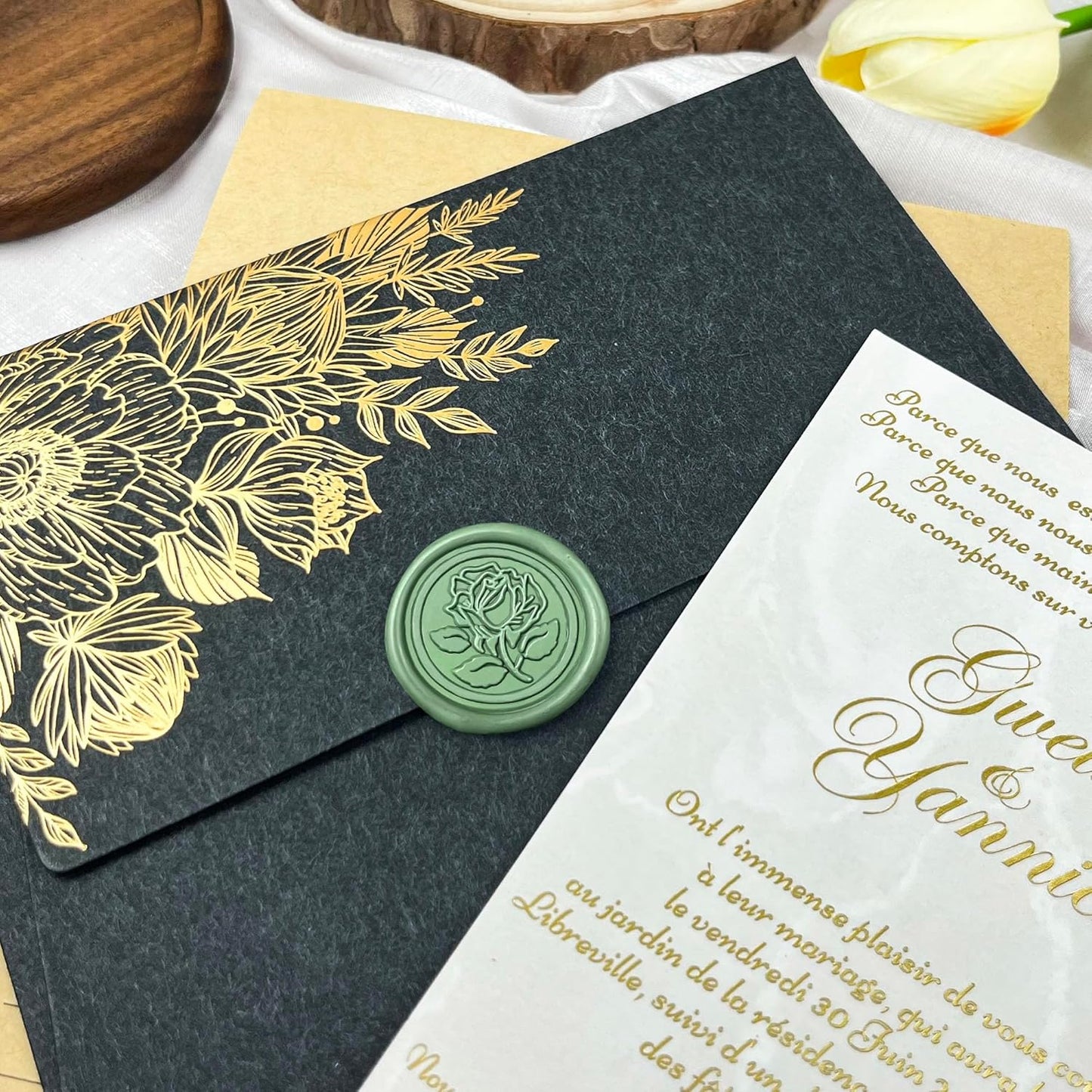 100Pcs Wax Seal Stickers Handmade Envelope Seals Self Adhesive Wax Stickers for Wedding Party Invitations, Envelope, Gift Wrap, Christmas(Rose Style, Olive Green)
