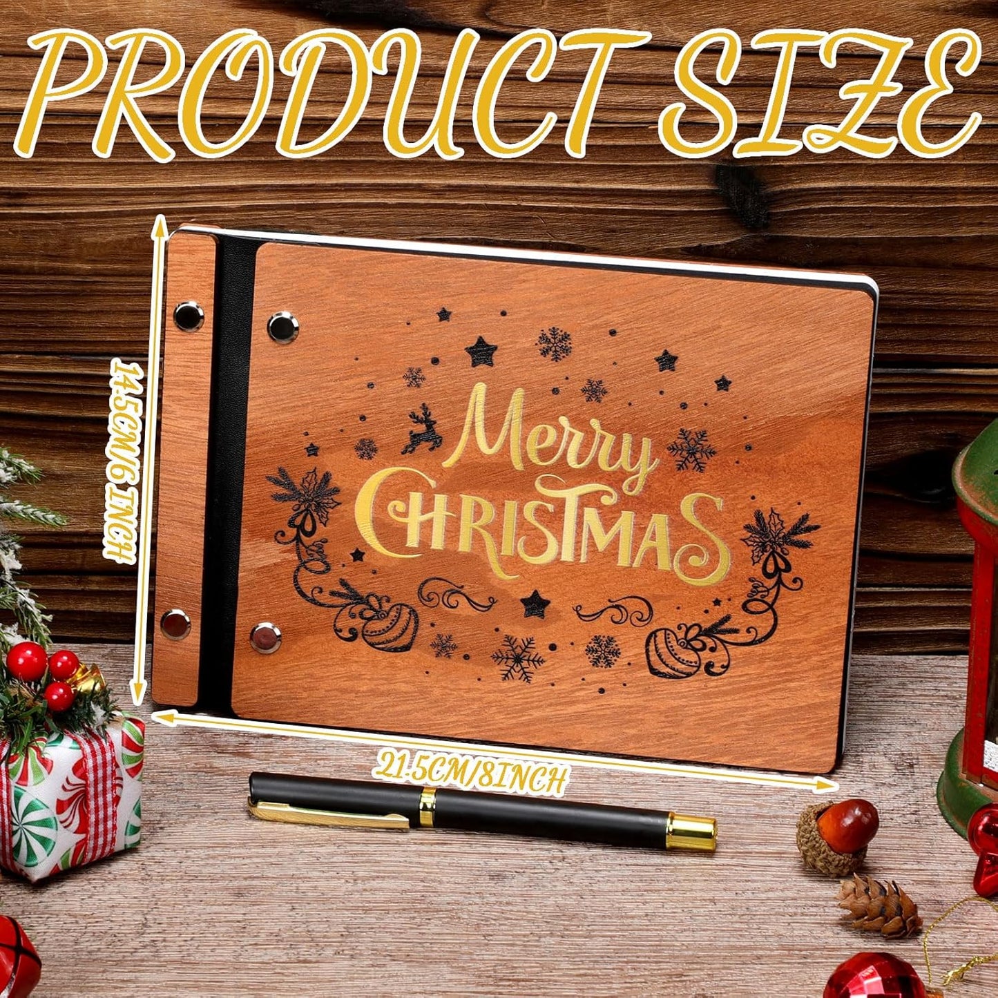 Christmas Wooden Guest Book with Pen 8 x 6 Inches 120 Pages Memory Scrapbook Rustic Signature Party Sign in Xmas Gift for Couple Guests Book