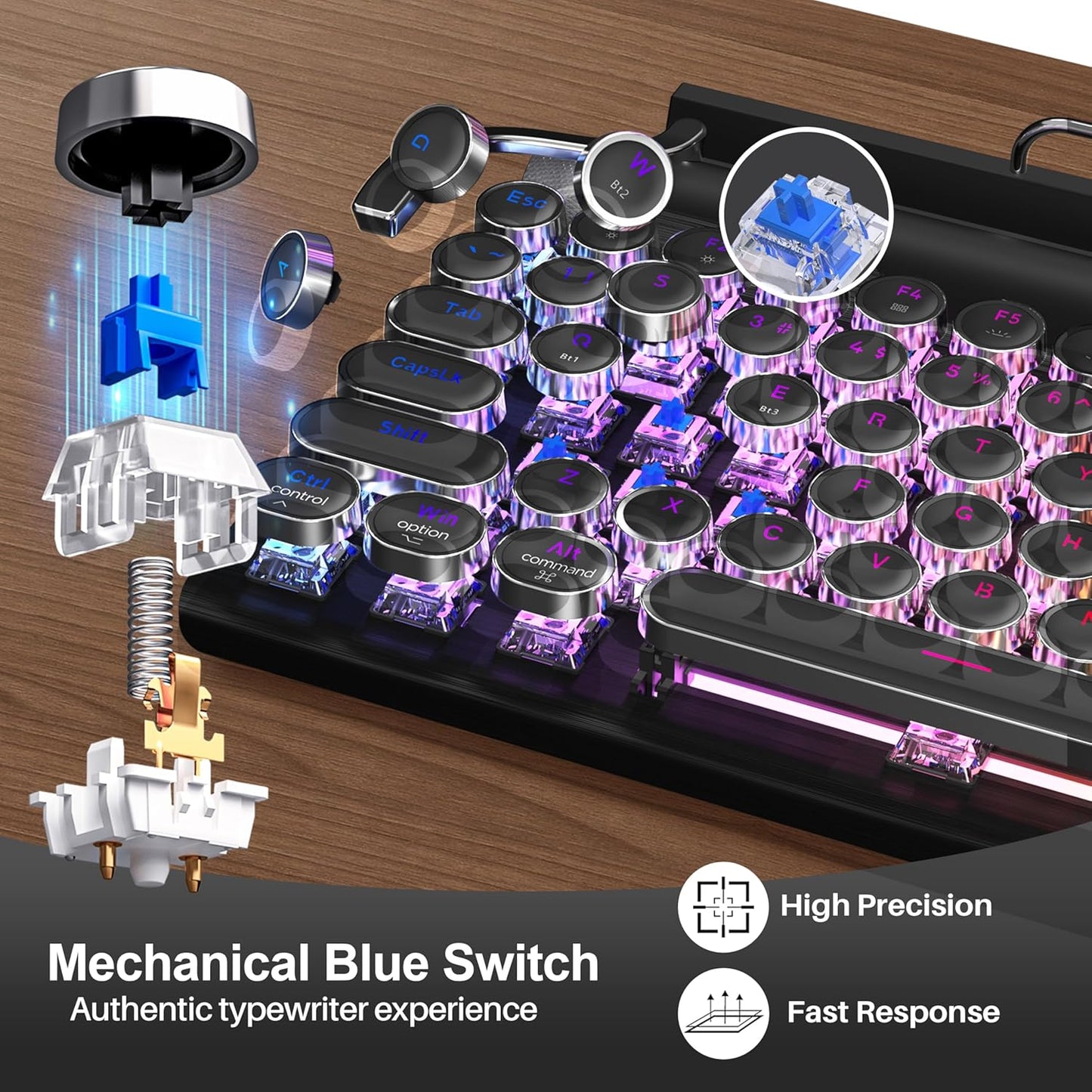 Retro Typewriter Mechanical Keyboard, Wireless Bluetooth 5.0 LED Backlit Office Computer Keyboards with 83-Key Clicky Blue Switches, Vintage Design for PC/Laptop/Mac/Pad/Phone/Gaming, Black