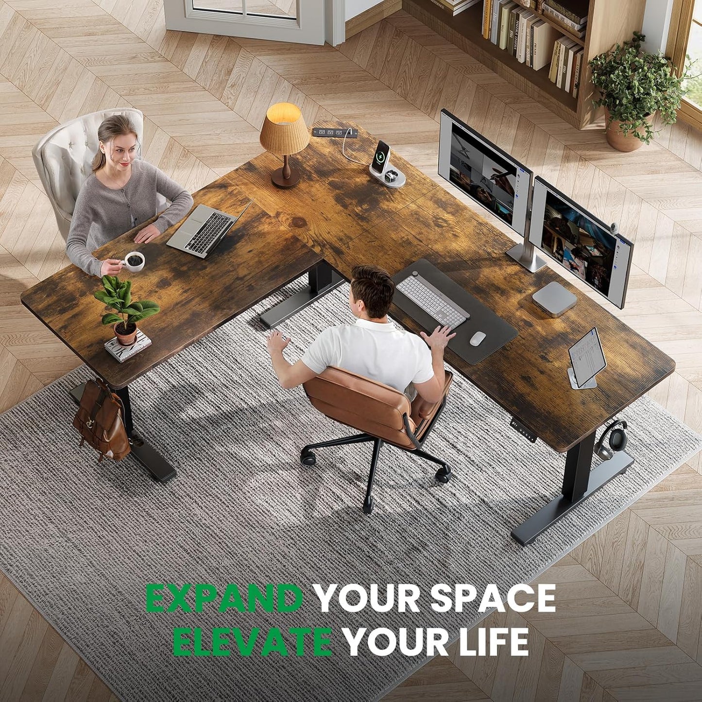SIAGO L-Shaped Standing Desk - 75 x 63 Inch Adjustable Corner Standing Desk with Charging Station - L Shape Sit Stand Table with Memory Controller, Splice Board for Home Office