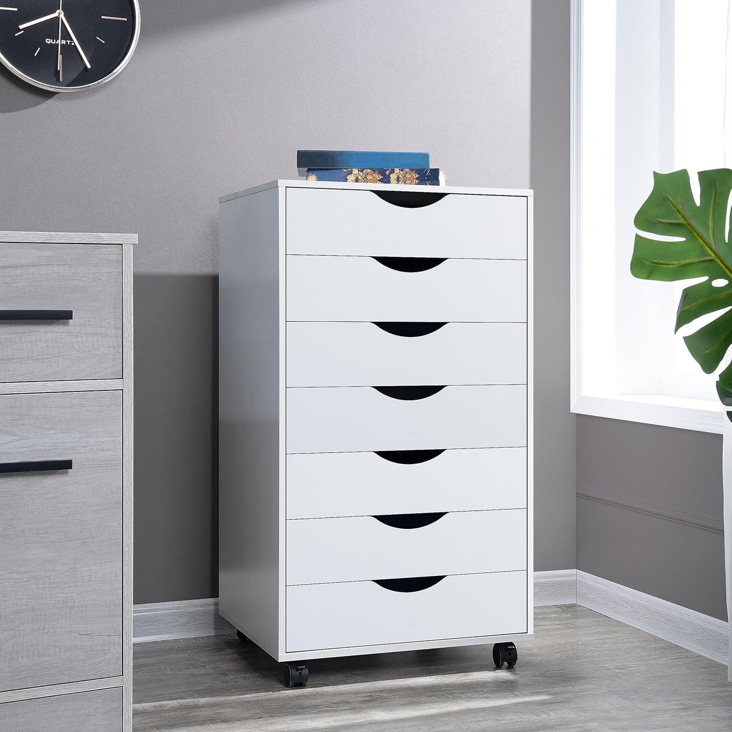 Naomi Home 7 Drawer Office Storage File Cabinet,Under Desk Cabinets for Home Office,Organization Filing Cabinet with Wheels,Printer Stand Storage,180 lbs Capacity – White(11272AM)