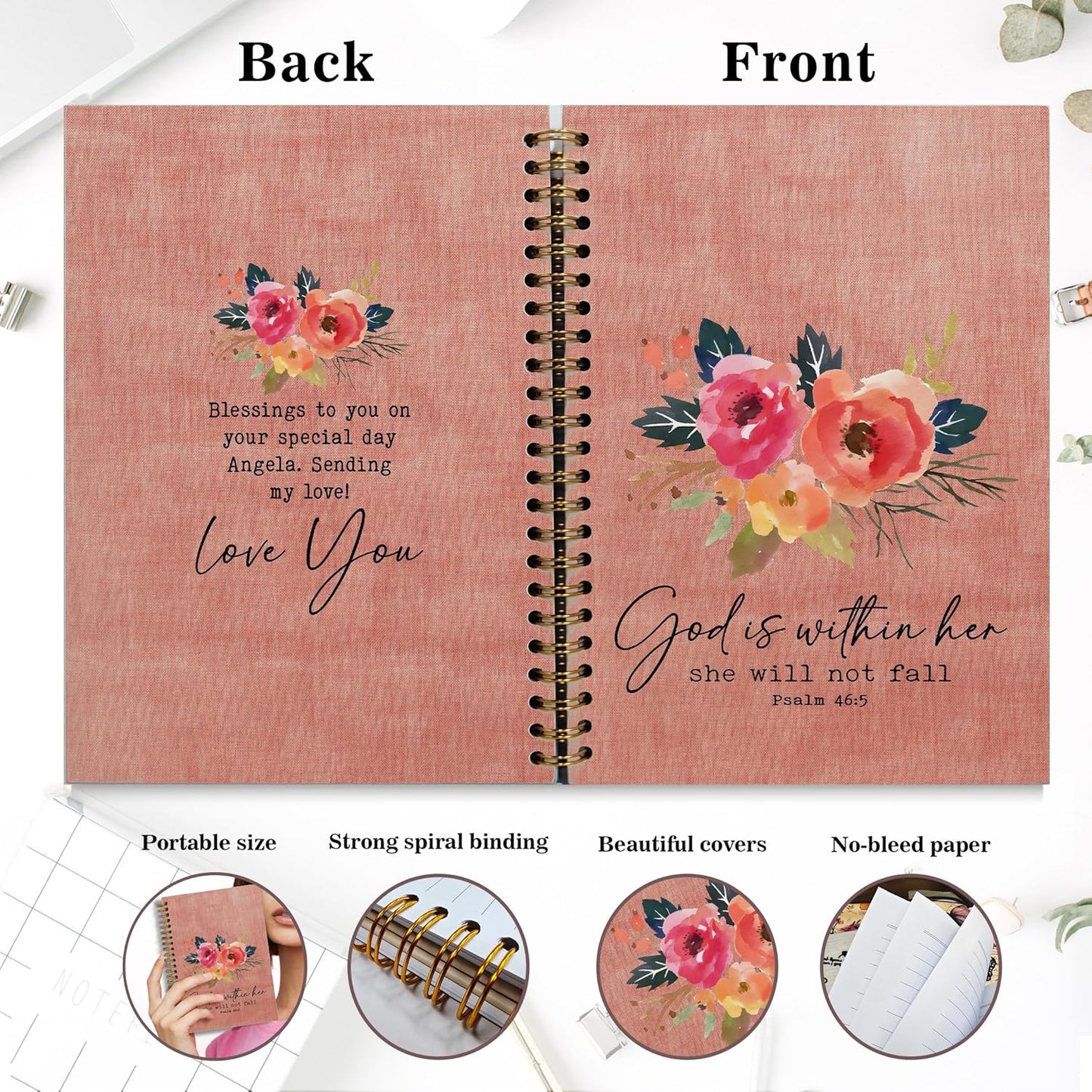 Bible Notebook, A5 Spiral Christian Journal Pink Floral Notebook, Bible Verse-God is Within Her She Will Not Fall, Inspirational Notebooks for Women, Bible Study, Gift for Birthday Christmas