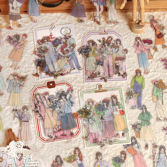 Alideco 120pcs Scrapbook Stickers Kawaii Sweet Girls Flowers People Journaling Scrapbooking Junk Journal Crafts Embelishment Decoration Diary Stickers（xindongnvhai）