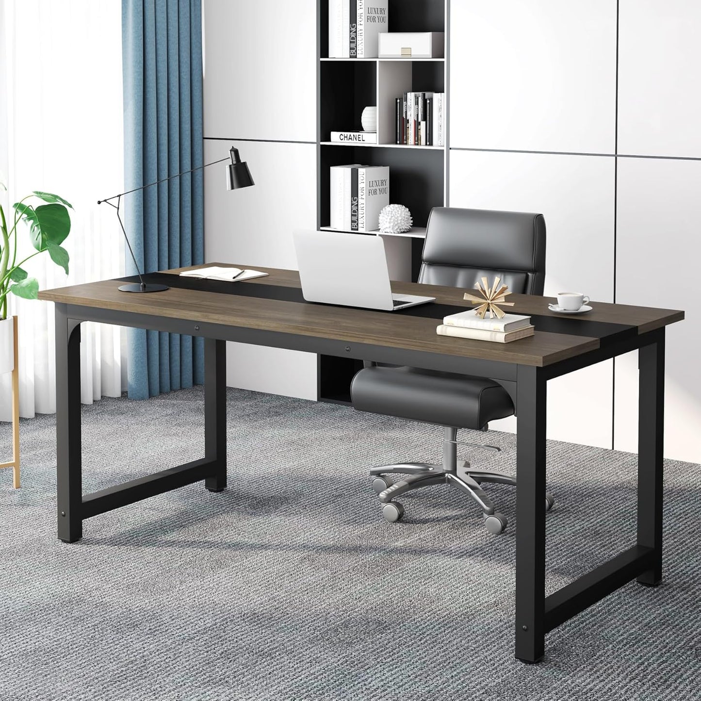 Tribesigns 70.8” Executive Desk, Large Office Computer Desk with Thicken Frame, Modern Simple Workstation Business Furniture for Home Office, Vintage Grey/Black