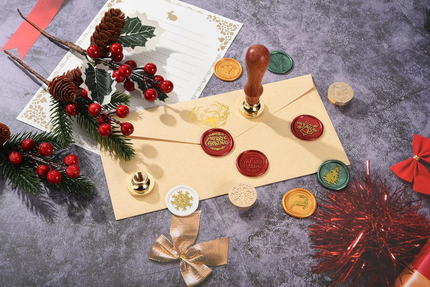 Yoption 6 Pcs Wax Seal Stamp Set, Vintage Christmas Sealing Wax Stamps Kit, Wooden Handle with Brass Head for Christmas Invitation Gift Cards