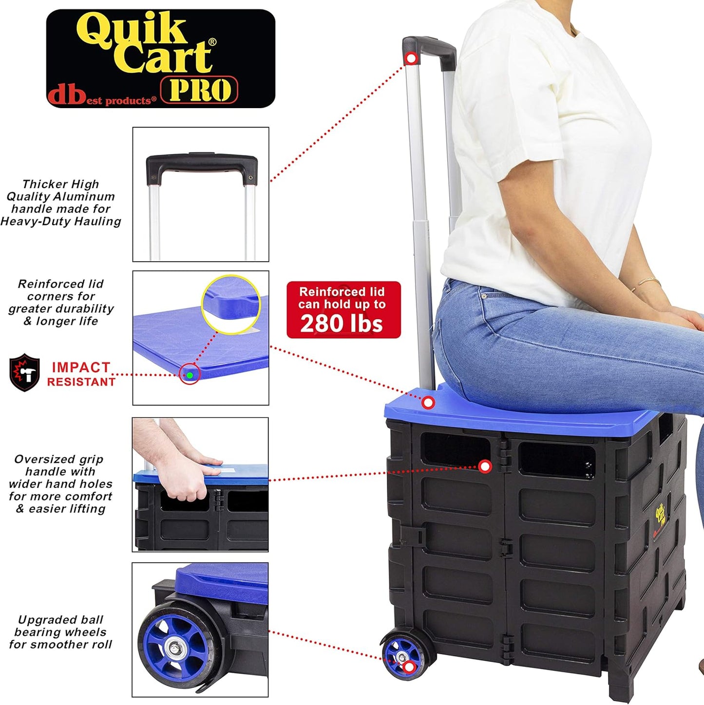 dbest products Quik Cart Pro Wheeled Rolling Crate Teacher Utility with seat Heavy Duty Collapsible Basket with Handle, Blue