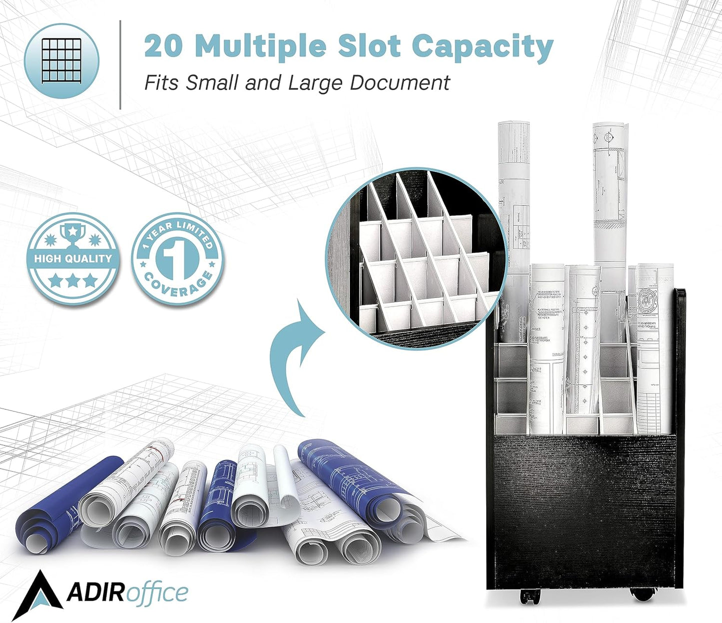 Adir Blue Print Storage Organizer - Mobile Roll File Cart, Construction Plan Holders, Blueprint Cabinet with Wheels, Roll Files Storage for Office and Home (20 Slots, Black)