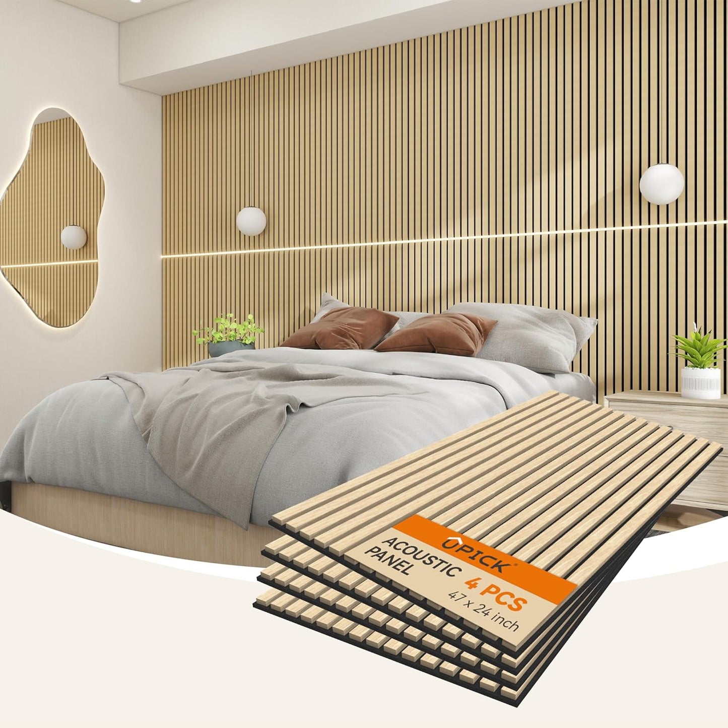 Upick MDF Acoustic Wall Panels Sound Absorbing, 4 Pack 48 x 24 inch Sound Proof Foam Wall Panels & Wood Slat Wall Panels for Interior Wall Decor, Oak