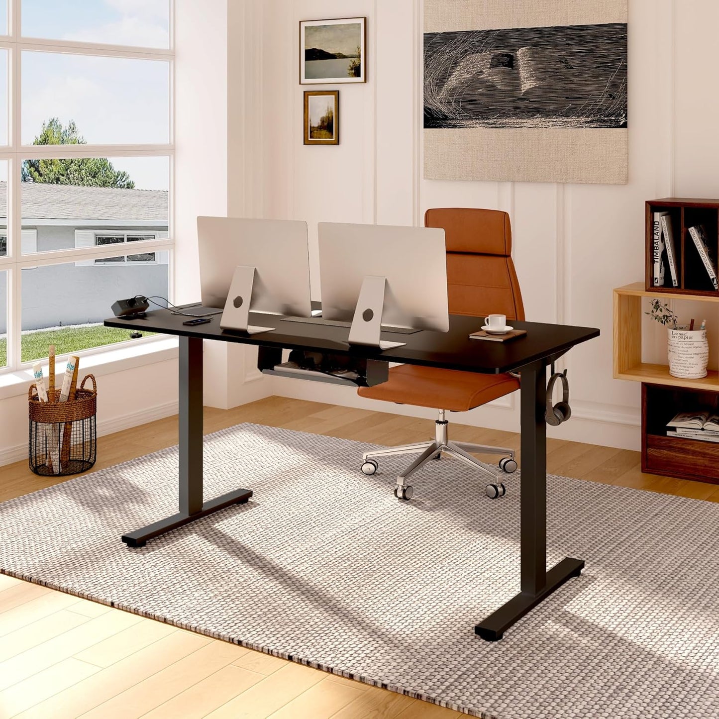 FLEXISPOT EN2 Whole-Piece Standing Desk with Clamp Power Strip, 48 x 30 Electric Stand Up Height Adjustable Desk with Cable Management (Black Frame + 48" Black Top, 2 Packages)