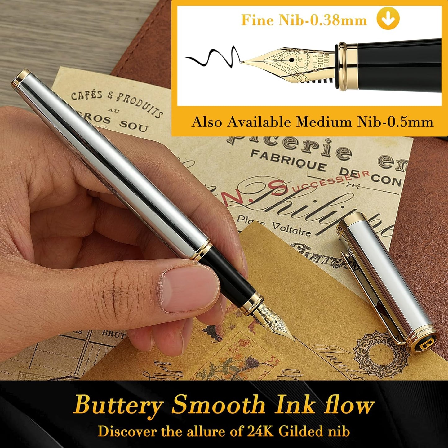 BEILUNER Silver Chrome Fountain Pen,Stunning Luxury Pens with 24K Gold Accents, Gorgeous 24K Gilded Nib(Fine), Ink Converter,Fancy Pen Gift for Men&Women-Elegant, Office, Reliable,Nice for Writing