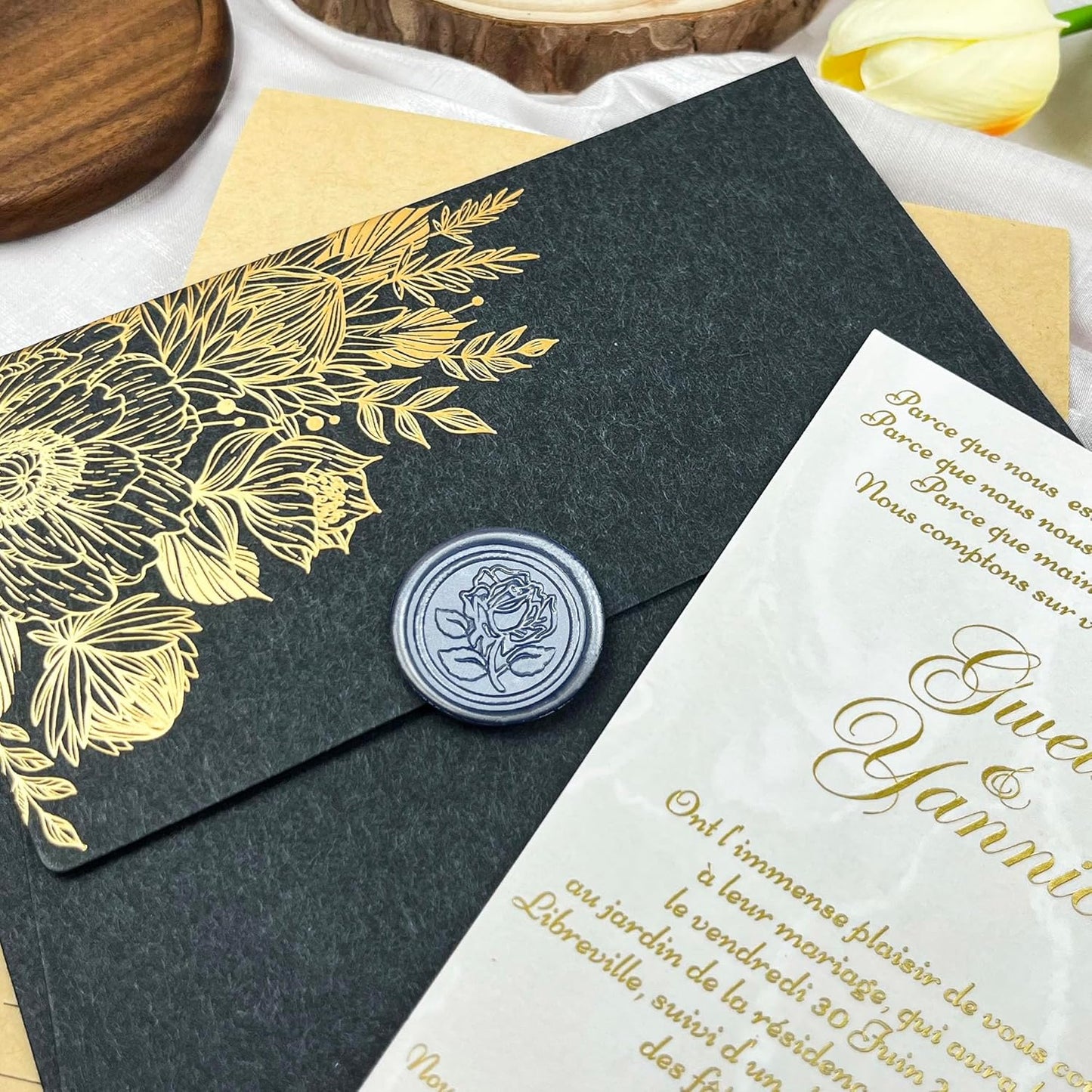 100Pcs Wax Seal Stickers Handmade Envelope Seals Self Adhesive Wax Stickers for Wedding Party Invitations, Envelope, Gift Wrap, Christmas(Rose Style, Gray Blue)