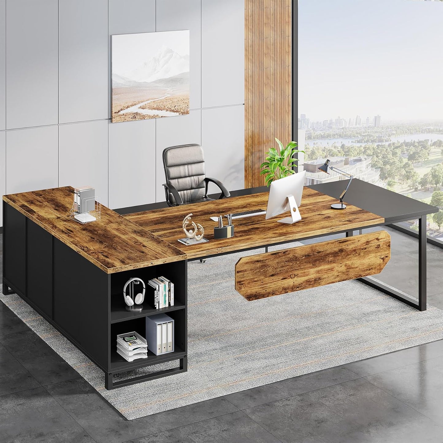 Tribesigns 70.8" Executive Desk with 55" File Cabinet, Modern L Shaped Computer Desk with Storage Shelves and Cabinet, Large L Shaped Executive Desk for Home Office, Rustic Brown & Black