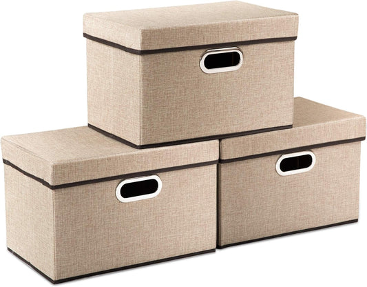 PRANDOM Collapsible Storage Cubes with Lids [3-Pack] Jute Fabric Foldable Storage Boxes Organizer Containers Baskets Bins with Cover for Home Bedroom Closet Office Nursery (14.9x9.8x9.8)