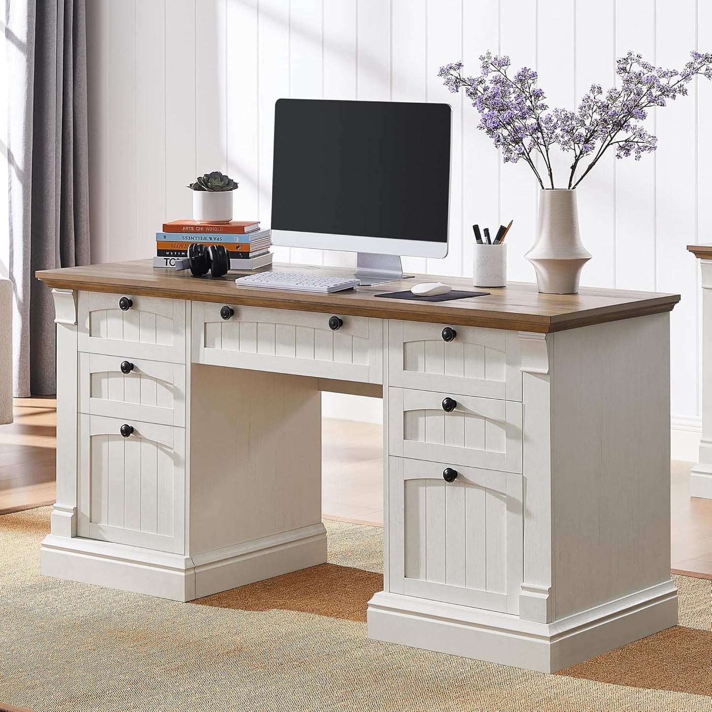 OKD 60" Executive Desk with Drawers, Farmhouse Home Office Desk with Charging Station, Keyboard Tray, File Cabinet Storage, Wood Computer Desk for Work and Study, Antique White