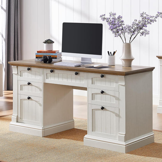 OKD 60" Executive Desk with Drawers, Farmhouse Home Office Desk with Charging Station, Keyboard Tray, File Cabinet Storage, Wood Computer Desk for Work and Study, Antique White