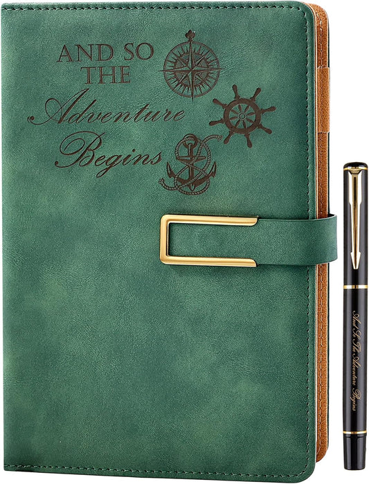Fanery Sue Refillable Adventure Travel Journal For Women & Men Faux Leather Hardcover A5 Travel Notebook College Ruled 200 Lined Pages Lay-Flat Diary With Pen & Magnetic Buckle（Adventure - Green