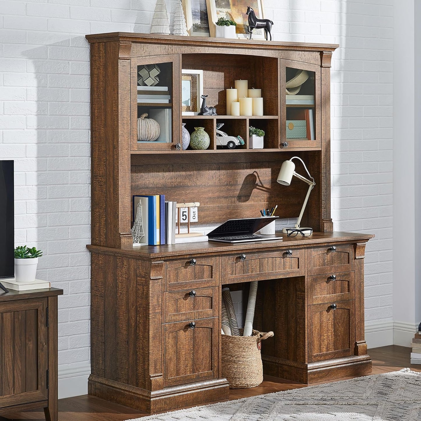 OKD 60" Executive Desk with Hutch and Drawers, Farmhouse Home Office Desk with Charging Station, Keyboard Tray, File Cabinet Storage, Wood Computer Desk for Work and Study, Reclaimed Barnwood