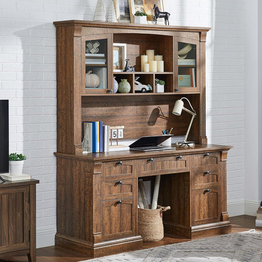 OKD 60" Executive Desk with Hutch and Drawers, Farmhouse Home Office Desk with Charging Station, Keyboard Tray, File Cabinet Storage, Wood Computer Desk for Work and Study, Reclaimed Barnwood