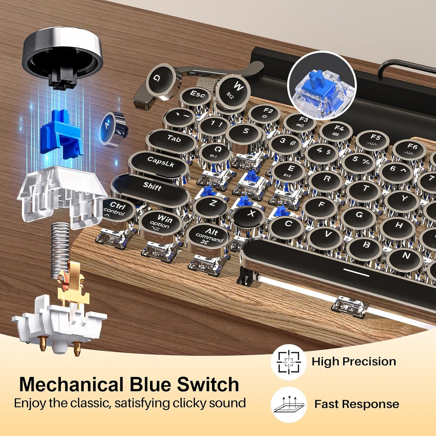 Retro Typewriter Wireless Mechanical Gaming Keyboard, Bluetooth 5.0 Office Computer Vintage Keyboards 83-Key Blue Switches Punk Round Keycap, LED Backlight, Compatible with PC/Laptop/Pad/Phone, Wood