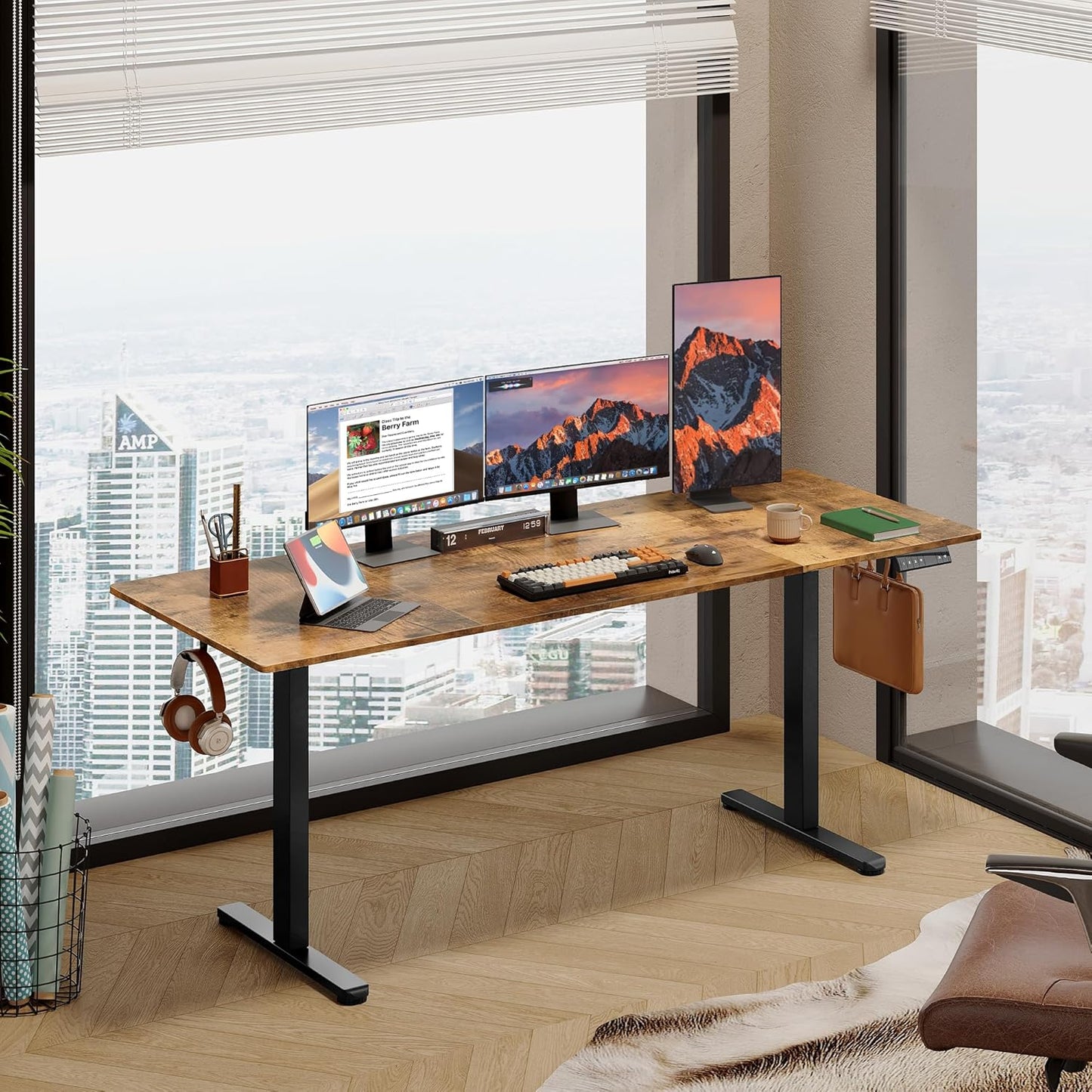 DEVAISE 71 Inch Electric Standing Desk, 3 Adjustable Height Stand up Desk for Home Office, Ergonomic Sit to Stand Desk with LED Touchscreen, Hook, 3 Memory Preset Computer Desk (Rustic Brown)
