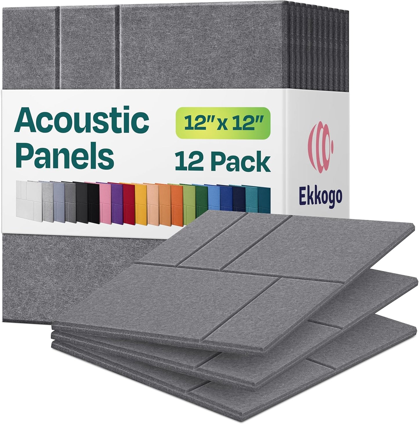 Acoustic Panels 12-Pack Soundproof Wall Panels 12"x12"x0.4" Decorative Sound Dampening for your Home, Office, Studio, Bedroom & More with Unique GridFrame Carving [Pebble Gray]