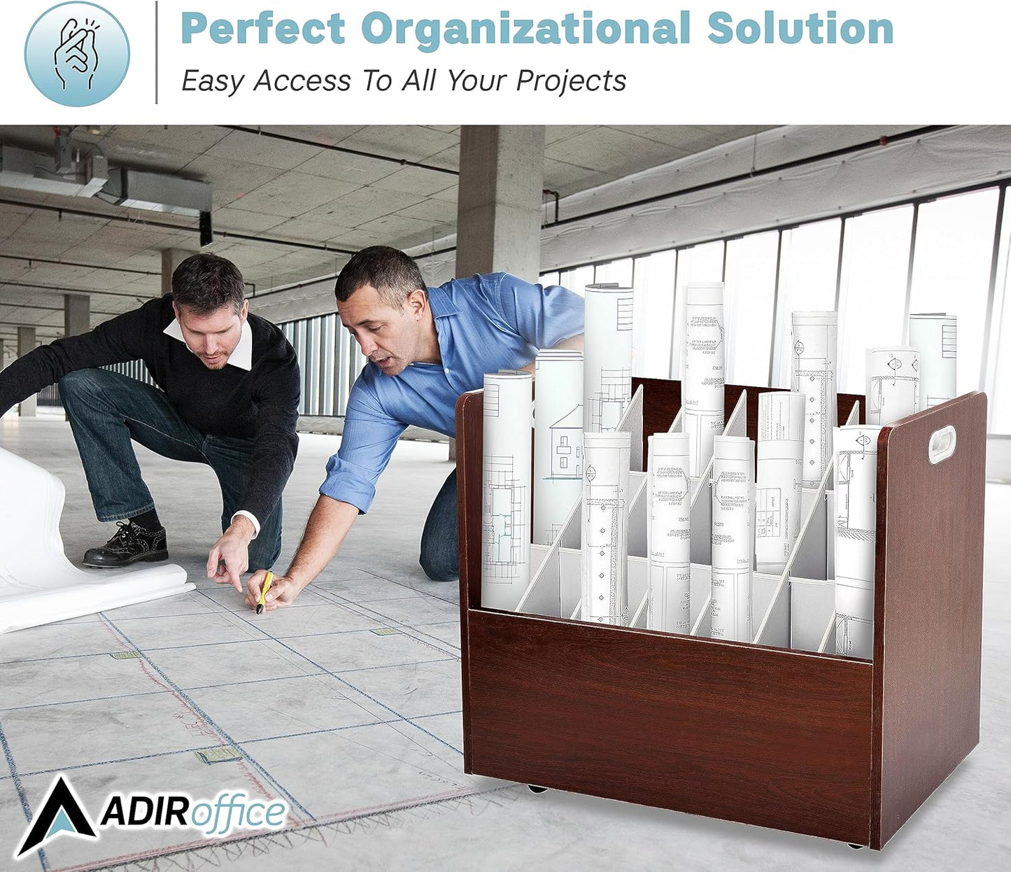Adir Blue Print Storage Organizer - Mobile Roll File Cart, Construction Plan Holders, Blueprint Cabinet with Wheels, Roll Files Storage for Office and Home (21 Slots, Mahogany)