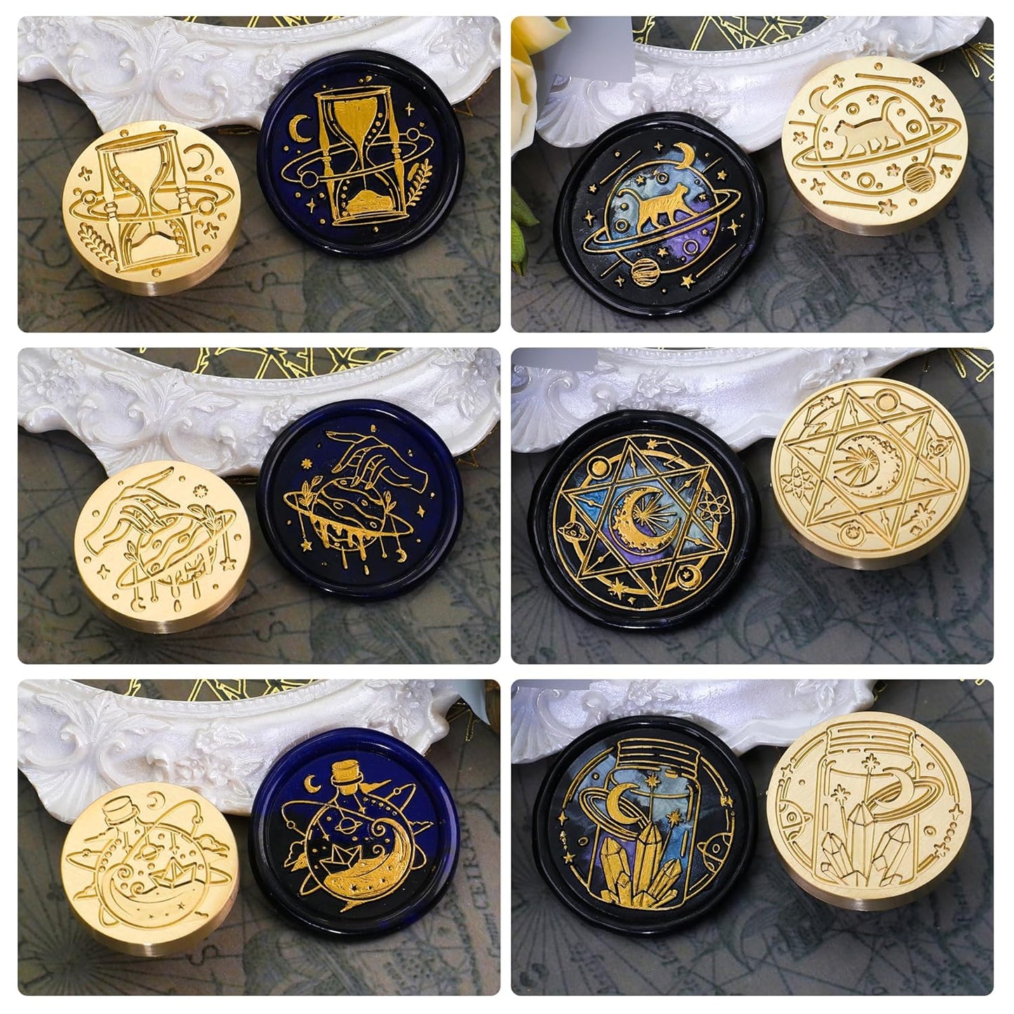 SWANGSA Magic Space Wax Seal Stamp Gift Box Set, Vintage 6 Sealing Stamp Heads + 1 Wooden Hilt, Wax Stamp Kit for Party Invitations, Envelops, Cards and Gift Packaging (Magic Space)