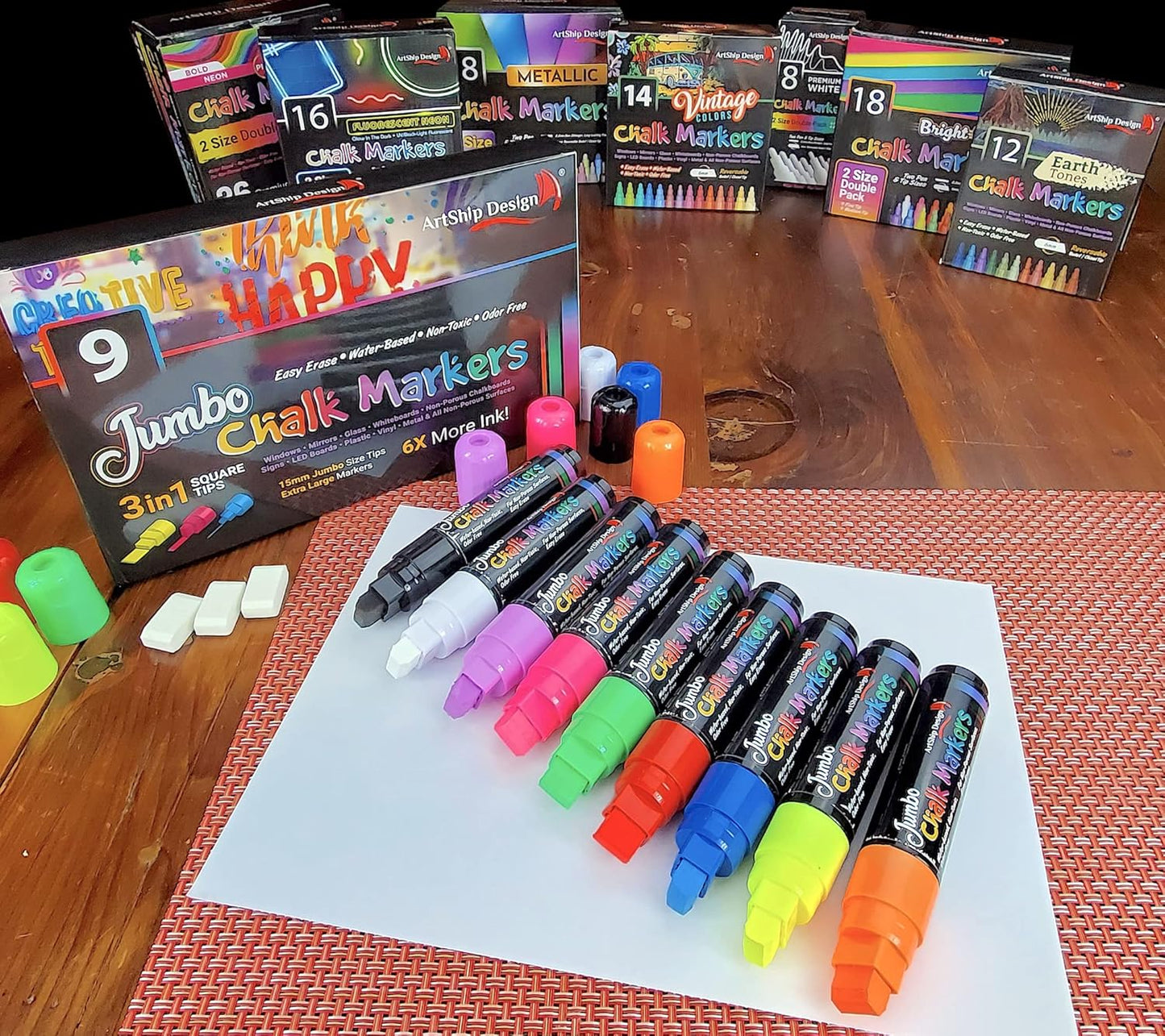 ArtShip Design 9 Jumbo Chalk Markers 15mm 3-in-1 Square Tip Liquid Chalk Pens Wet Erasable - Windows, Menu Boards, Glass, White Boards, Classrooms, Mirrors, Non-Porous Chalk Boards, Plastic, Metal