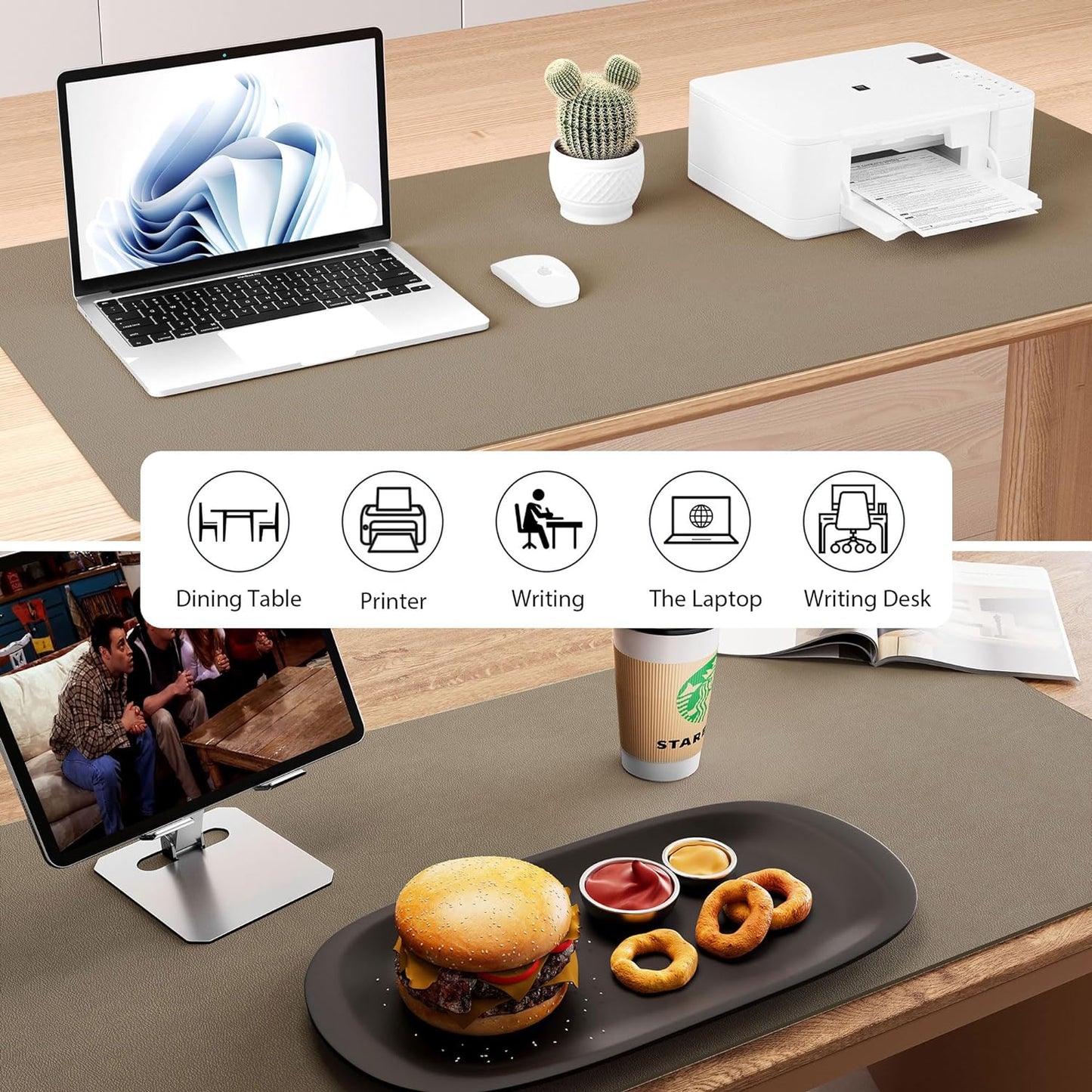 Aothia Dual-Sided Desk Pad - Leather Desk Mat, Natural Cork Desk Pad Protector, Large Mouse Pad for Desk, Waterproof Desk Blotter Pad, Desk Writing Pad for Office Work/Home, Coffee (37.8"x17")
