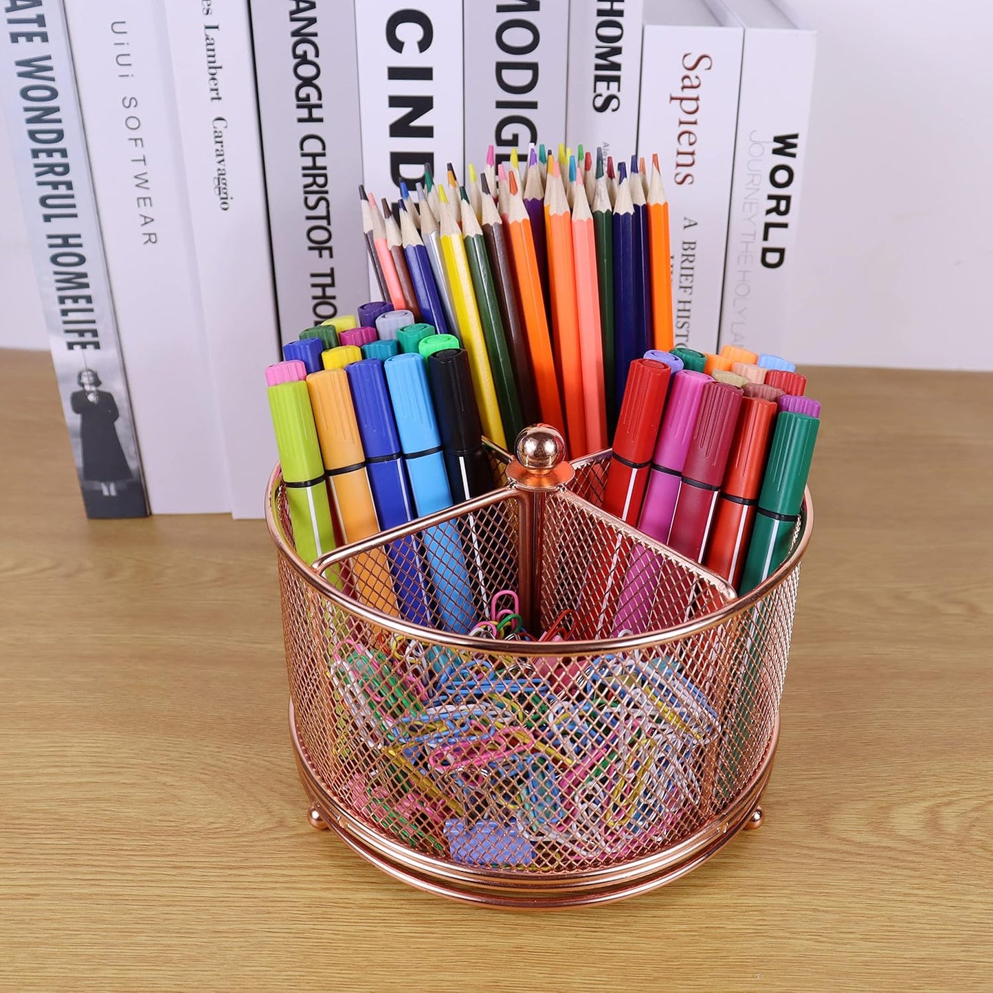Rose Gold Pen Holder for Desk, Mesh Rotating Desk Pencil Marker Organizer, Large Capacity Stationery Storage Office Supplies Organization, 4 Compartments for Women Kids Students Teachers