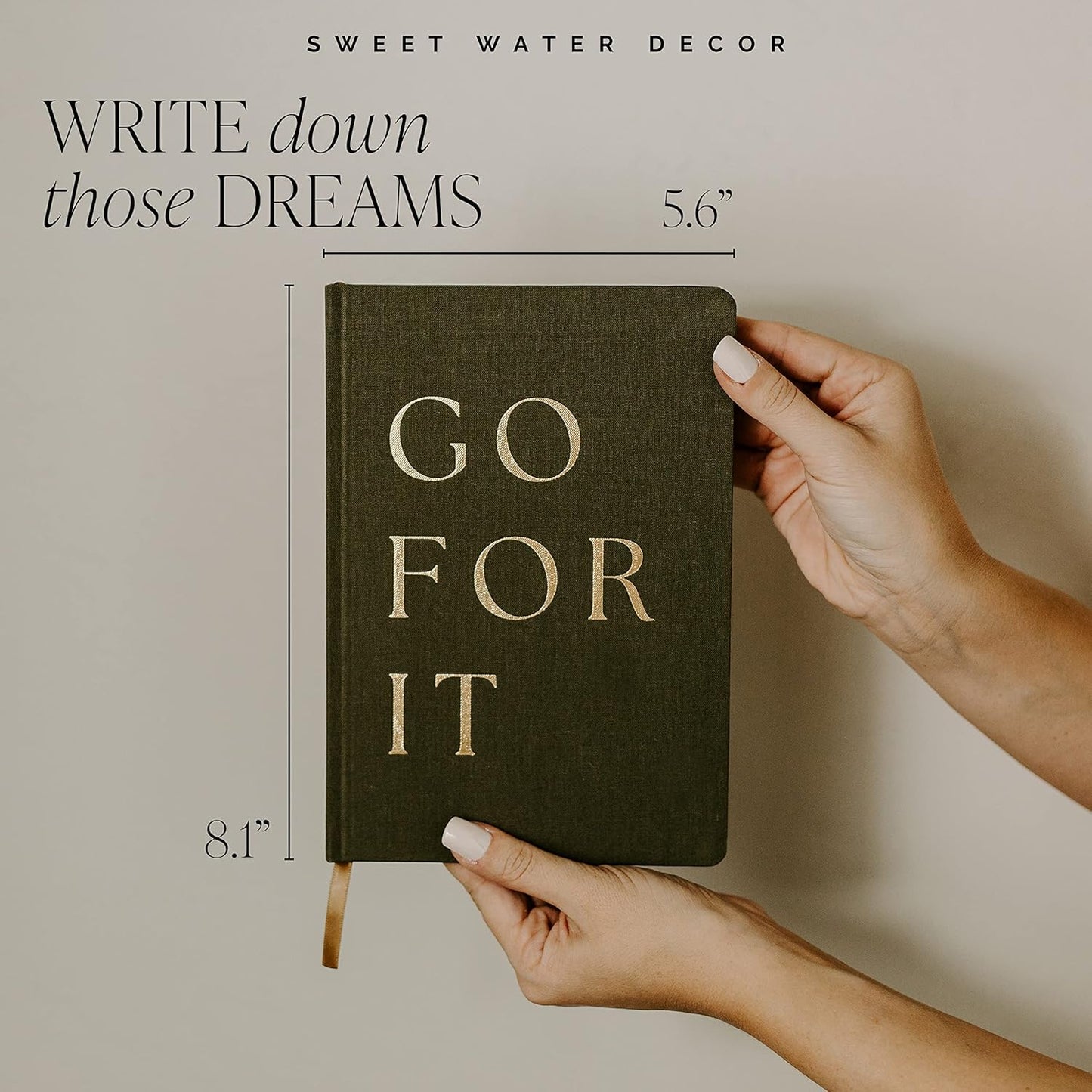 Sweet Water Decor Cute Motivational Lined Composition Notebook for Women, 100 Ruled Pages for Writing, Diary with Fabric Inspirational Olive Cover (Go For It)