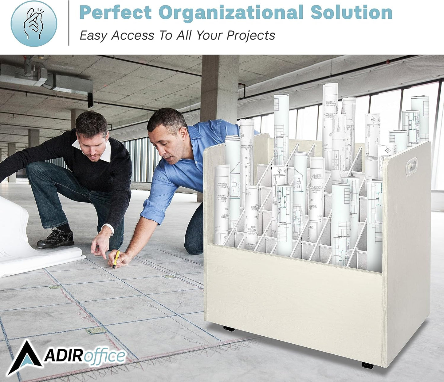 Adir Blue Print Storage Organizer - Mobile Roll File Cart, Construction Plan Holders, Blueprint Cabinet with Wheels, Roll Files Storage for Office and Home (50 Slots, White)