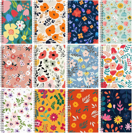 Fuutreo 12 Pcs Spiral Notebook for Work A5 8.3 x 5.7 Inch College Ruled Spiral Journal Notebook Kraft Cover Ruled Paper, 12 Color, 60 Sheets, 120 Pages for Office School(Floral Color)