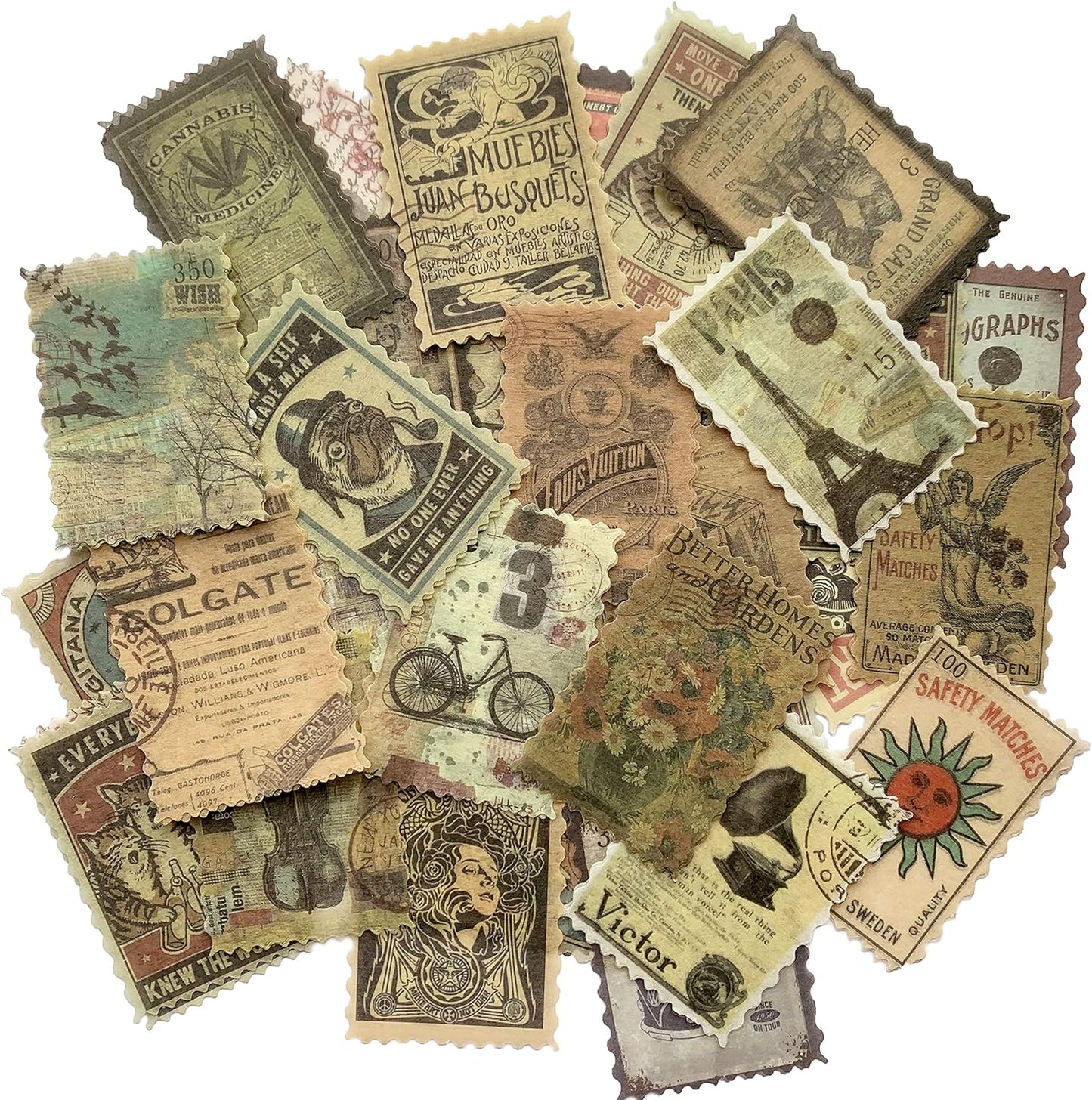60pcs Vintage Postage Stamp Stickers, Aesthetic Modern Deco Paper Sticker for Scrapbooking, Journaling Supplies, Planners, Kid DIY Art Crafts