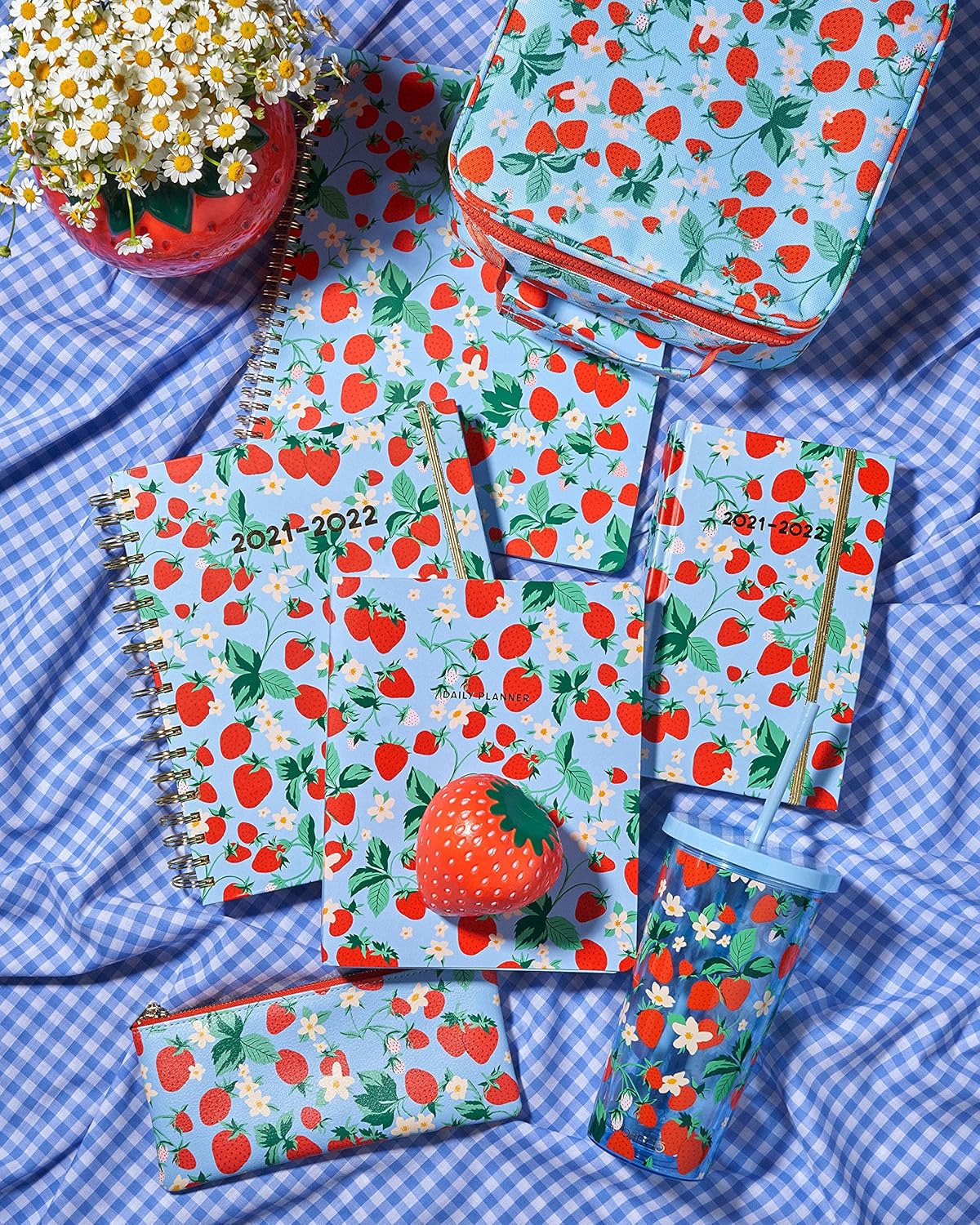 ban.do Floral Rough Draft Large Spiral Notebook, 11" x 9" with Pockets and 160 College Ruled Pages, Strawberry Fields