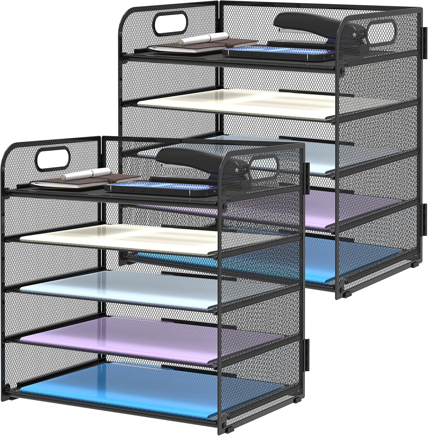 2 Pack 5-Tier Desk Organizer with Handle Mesh Desk File/Paper Organizer Letter Tray for Office, School and Home Easy Installation, Black
