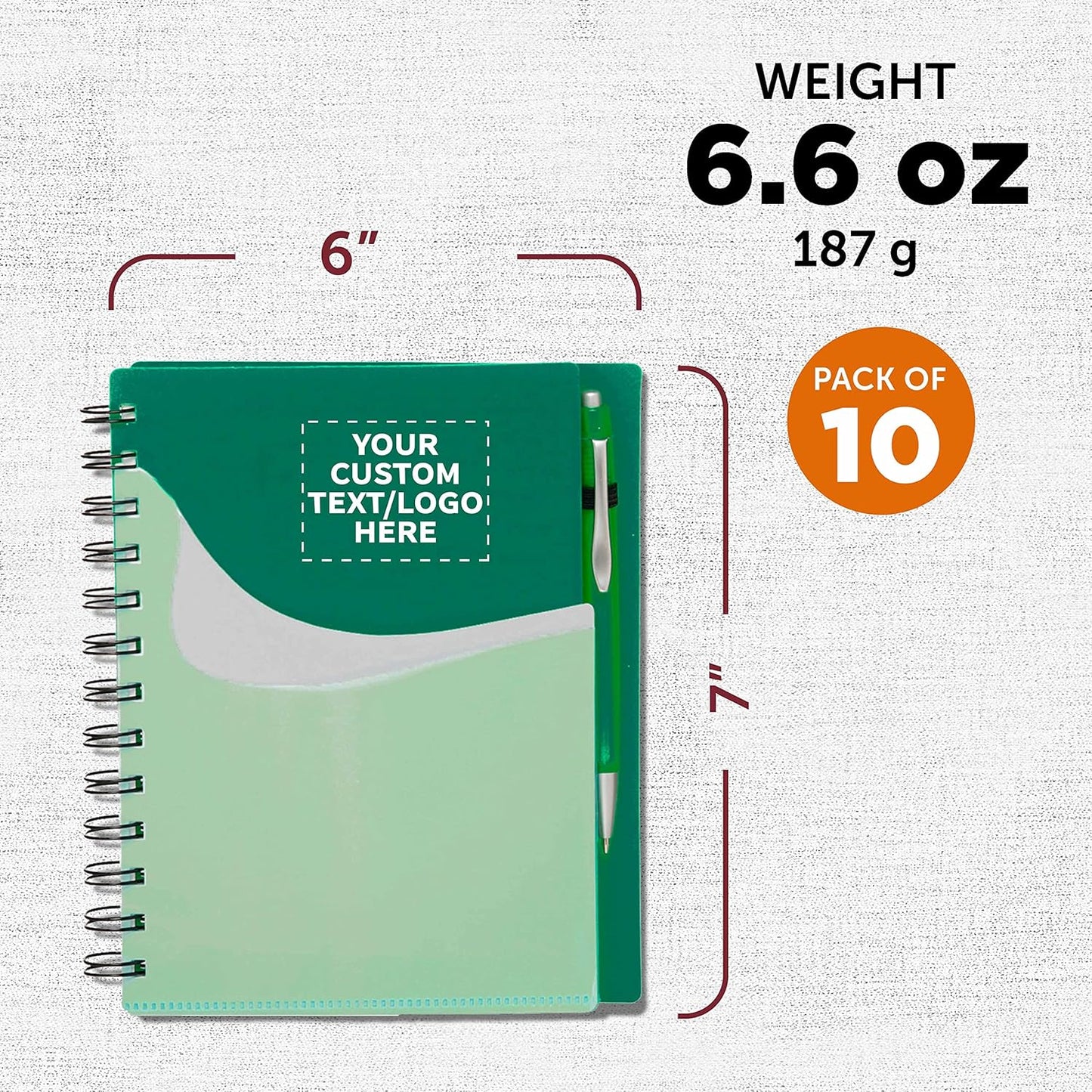 DISCOUNT PROMOS Custom Spiral Notebooks with Front Pocket Set of 10, Personalized Bulk Pack - Durable Plastic Cover, Includes Matching Pen in Blank Ink, Perfect for School, Office, Home - Green